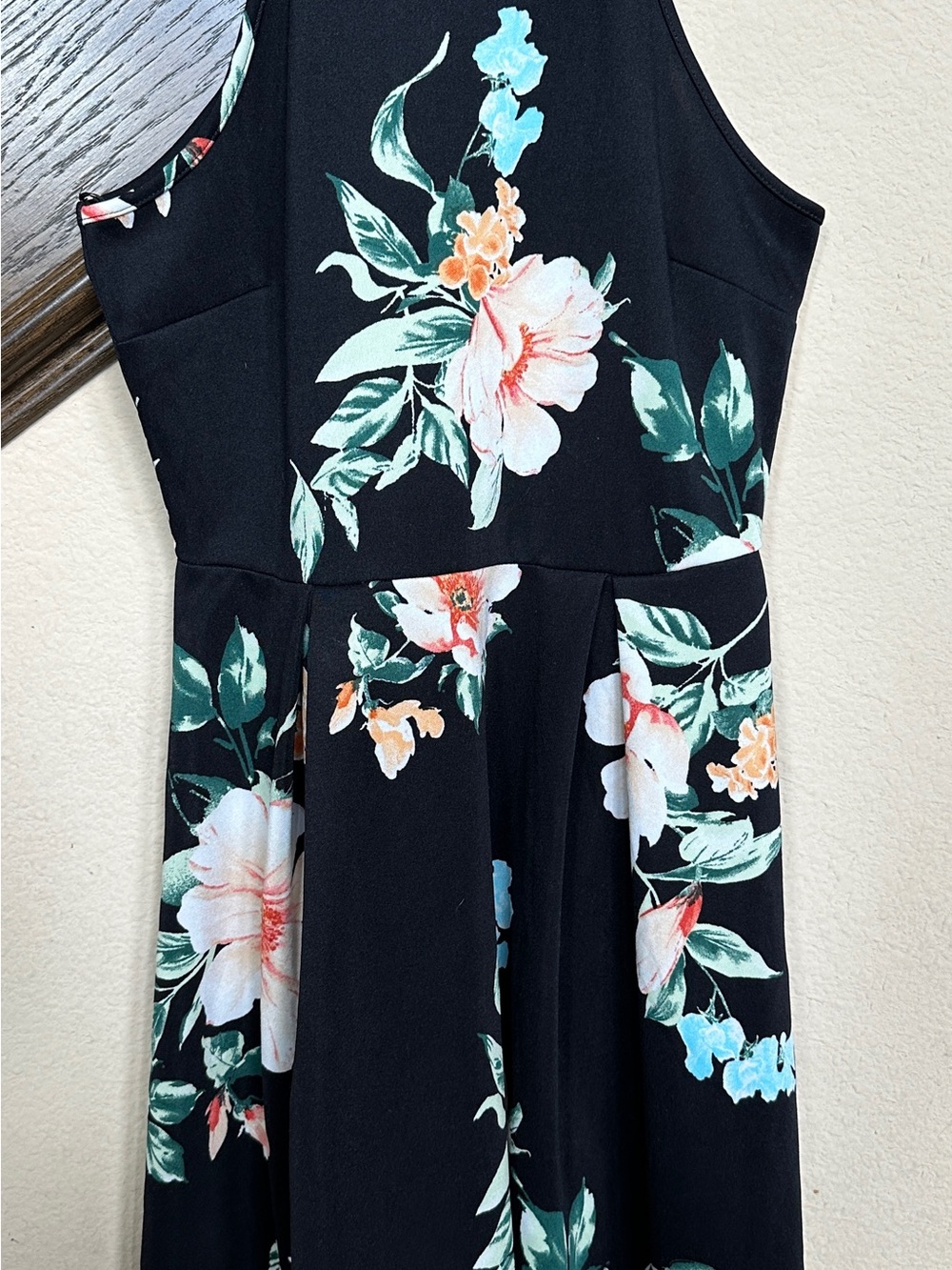 Monteau Black Floral Pattern Halter Skater Dress Large L Summer - Excellent